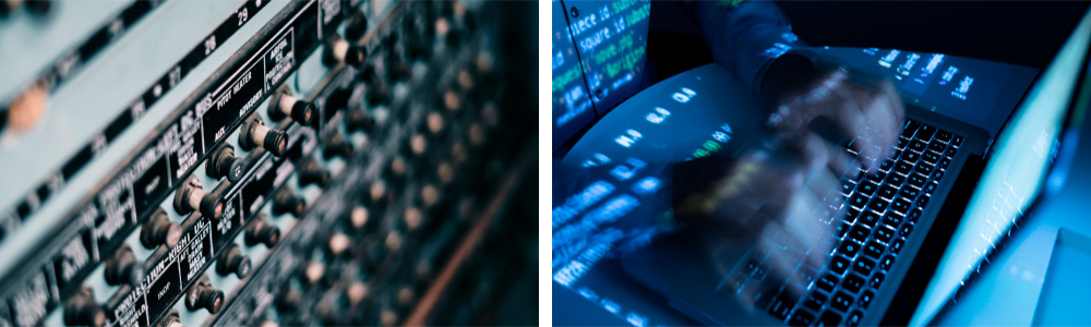 Airplane navigation controls and man at work